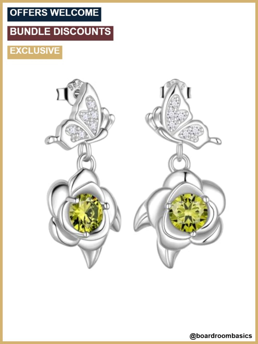 Sterling Silver Butterfly Rose Earrings with Cubic Zirconia Birthstone Stud